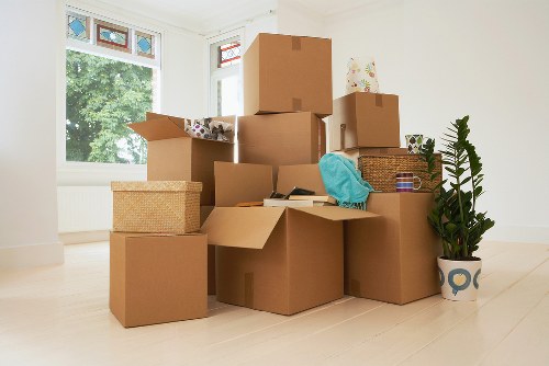 Packed boxes and furniture ready for transport in South Kensington