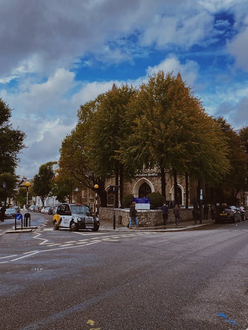 A street scene in South Kensington featuring a large, mature tree with dense green foliage situated in front of a stone building with an arched entrance and a sign reading 'LADY TEMPLE.' Several cars are parked along the curb on the road, which has visible road markings including a pedestrian crossing. The pavement is busy with people walking, some approaching the building's entrance. In the foreground, there are street furniture items such as bollards, pedestrian crossings, and a bus stop sign. The scene is captured during daytime with partly cloudy skies overhead. This setting illustrates an urban environment where house removals or furniture transport by Removal Van South Kensington could involve loading or unloading items, possibly near residential or commercial premises, using trucks or vans in close proximity to the building for home relocation or moving services.